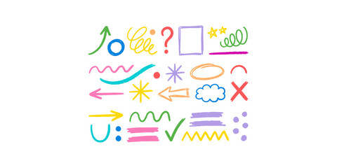 Fototapeta premium Hand drawn doodle markers elements set includes arrows stars and swirls in rainbow colors for school design and decoration.