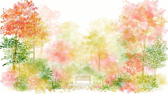 a serene autumn forest scene. A solitary wooden bench sits in the foreground, surrounded by lush greenery and vibrant flowers. The trees are painted in various shades of red, orange, yellow.