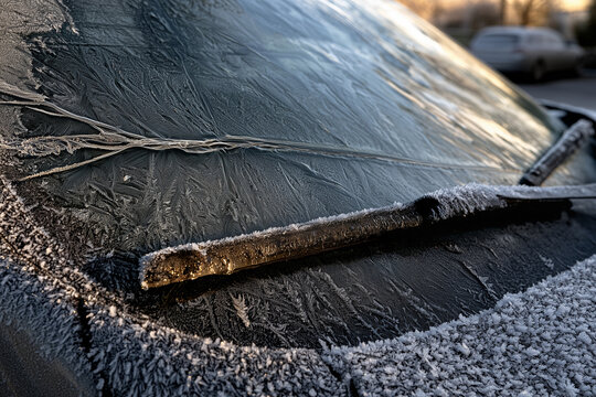 Frost-covered car windshield with a visible crack and a frosted wiper blade