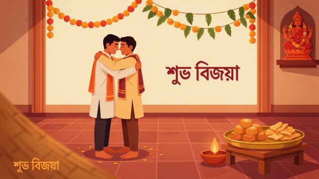 Two young Indian men embracing each other during Bijoya celebration inside a decorated home