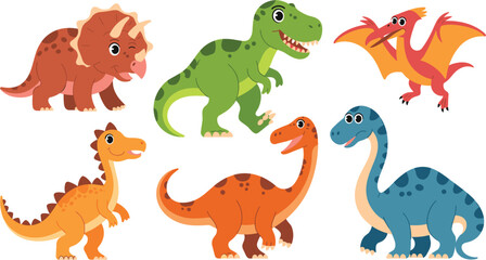 Cute flat cartoon dinosaurs collection set, isolated colorful prehistoric animal vector illustration character design elements © Ali vectors