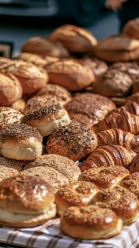 a variety of freshly baked breads and pastries displayed on a table. The main subject is a collection of round, goldenbrown buns with sesame seeds sprinkled on top. The buns vary in size and shape.