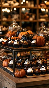a display of Halloweenthemed cupcakes. The cupcakes are arranged on a threetiered metal stand. Each cupcake has a unique design ghostshaped frosting, black and white icing, and orange sprinkles.