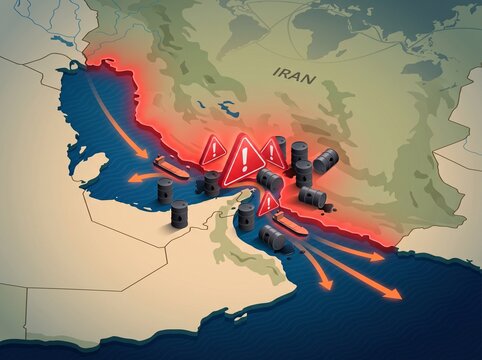 A red warning sign and oil barrels on a map of the Strait of Hormuz and Iran. A 3D conceptual image illustrating the energy crisis, maritime threats, oil supply disruptions, and geopolitical risks in 
