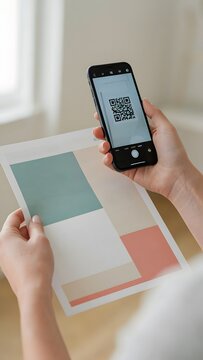 First-person POV of a woman's hands scanning a QR code on a flyer using a smartphone camera ap
