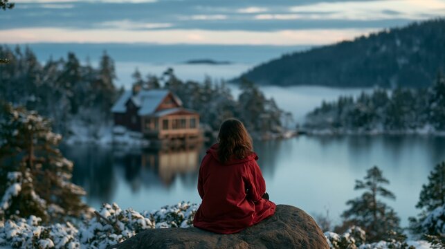 a solitary figure seated on a rock, gazing out over a tranquil lake. The person wears a red jacket, contrasting with the snowcovered landscape. The lake reflects the skys colors.