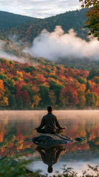 a person meditating on a rock in the middle of a calm lake. The person wears a longsleeved shirt and is seated in a meditative pose with their hands in a mudra position.