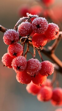 a cluster of red berries covered in frost. The berries are clustered together on a tree branch, their texture and color clearly visible. The frost covers the berries, giving them a frosty appearance.