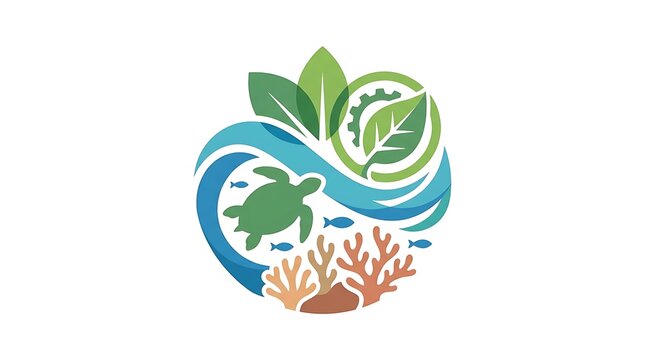 Circular icon illustration featuring a sea turtle swimming in ocean waves with colorful coral reef and green nature leaves representing marine life conservation and eco friendly environment