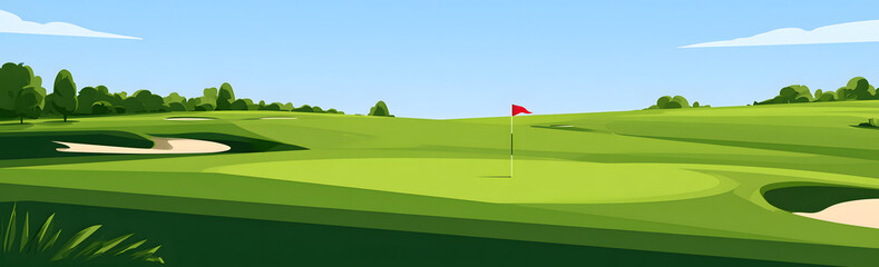 Fototapeta premium Golf course graphics. A flat design vector image of a golf course featuring bunkers, putting green, and a golf ball. Ideal for use in golfing posters, landing pages, or web banners.