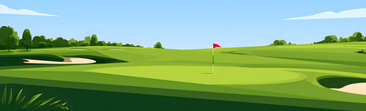 Golf course graphics. A flat design vector image of a golf course featuring bunkers, putting green, and a golf ball. Ideal for use in golfing posters, landing pages, or web banners.