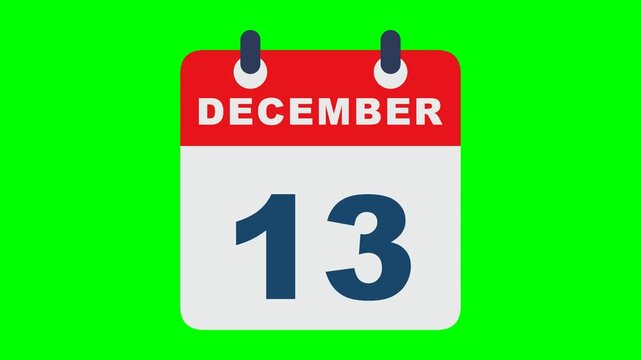 Flat calendar icon recreation like the reference on solid chroma GREEN background with NO shadows: rounded calendar card with red header carrying the white bold word DECEMBER, light gray body with a b