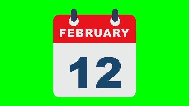 Flat calendar icon recreation like the reference on solid chroma GREEN background with NO shadows: rounded calendar card with red header carrying the white bold word FEBRUARY, light gray body with a b