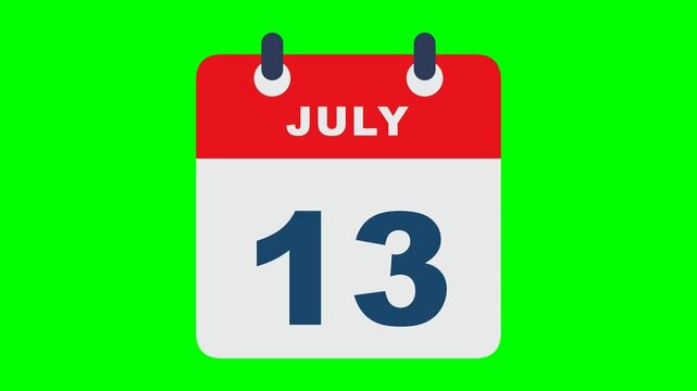 Flat calendar icon recreation like the reference on solid chroma GREEN background with NO shadows: rounded calendar card with red header carrying the white bold word JULY, light gray body with a big n