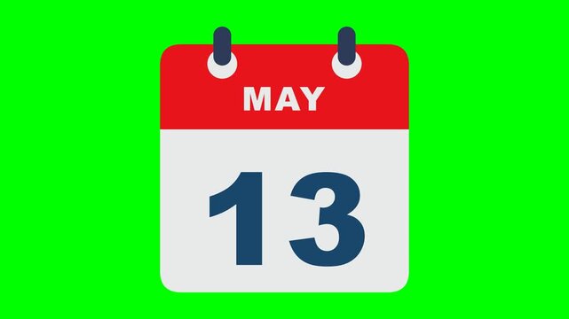 Flat calendar icon recreation like the reference on solid chroma GREEN background with NO shadows: rounded calendar card with red header carrying the white bold word MAY, light gray body with a big na
