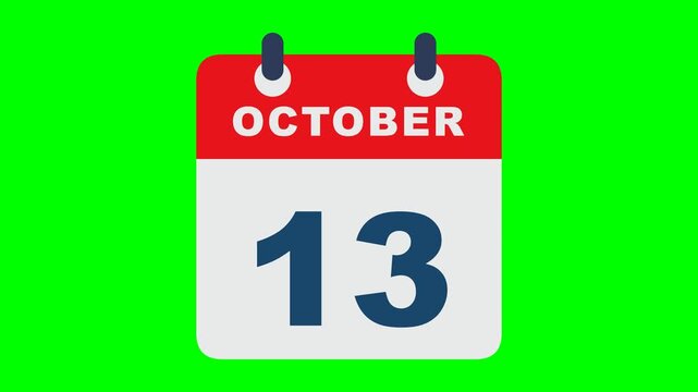 Flat calendar icon recreation like the reference on solid chroma GREEN background with NO shadows: rounded calendar card with red header carrying the white bold word OCTOBER, light gray body with a bi