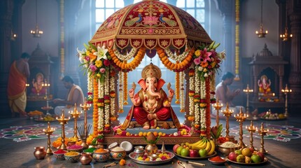 Fototapeta premium Wide Cinematic View Of A Vibrant Ganesh Chaturthi Celebration With Colorful Decorations And Offerings