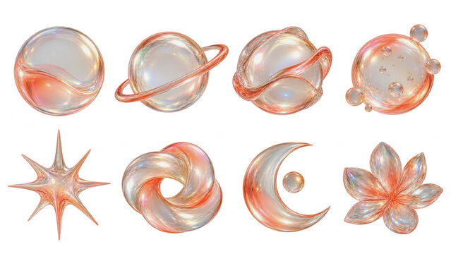 Iridescent glass orbs and abstract shapes collection on transparent background, 3D render