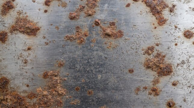 Oxidizing weathered industrial metal plate with heavy rust spots and scratches, featuring gritty urban decay and vintage metallic texture for graphic design and manufacturing marketing.