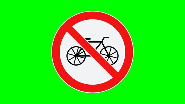 Prohibition sign recreation like the no-bicycle reference on solid chroma GREEN background, centered with NO shadows: white circular disc, thick red ring with white outline edges, full diagonal red sl