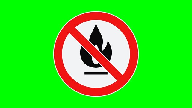 Prohibition sign recreation like the no-open-flame reference on solid chroma GREEN background, centered with NO shadows: white circular disc, thick red ring with white outline edges, red diagonal slas