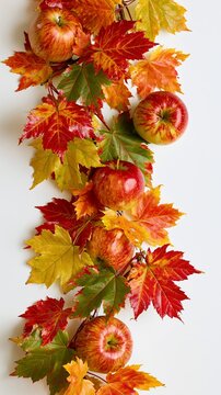 a collection of red, orange, and yellow maple leaves and apples. The leaves are arranged in a symmetrical pattern, with some overlapping each other, creating a visually pleasing display of colors.