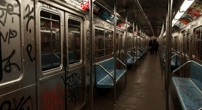 Graffiti-covered subway train car with empty passenger seats in dimly lit station