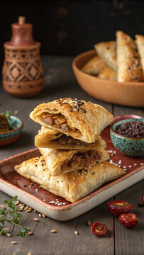 Authentic Uzbek samsa with golden flaky pastry, spiced lamb, black sesame, caramelized onion, barberries and crisp accents