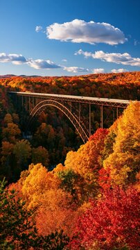 a bridge spanning a gorge. The bridges arches and pillars are intricately designed, showcasing the intricate details of the metalwork. The sky is a clear blue with a few fluffy white clouds.