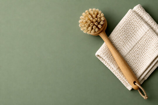 Wooden bath brush with bristles on a folded cloth body brush exfoliating brush scrubbing brush skin care bath accessory personal hygiene massage brush self care
