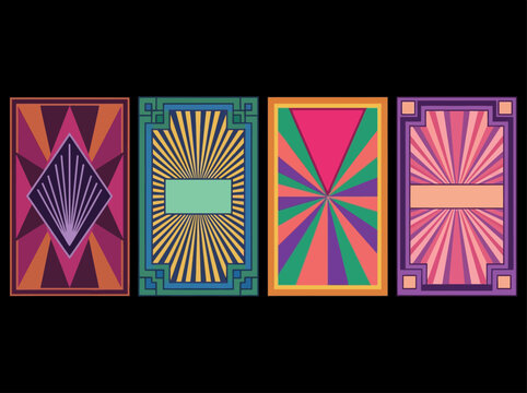 Set of 4 Retro Art Deco Card Back Designs with Geometric Starburst Patterns