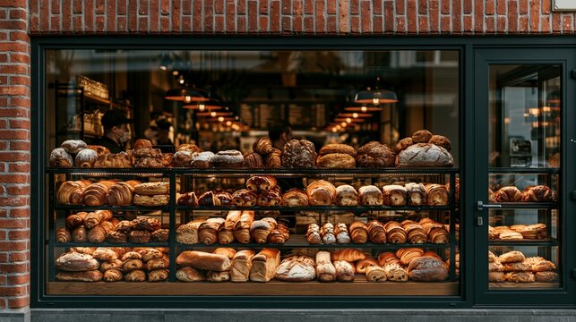 a bakery window displays a variety of baked goods, including croissants, breads, and pastries. The window is framed by a brick wall and has a black frame.