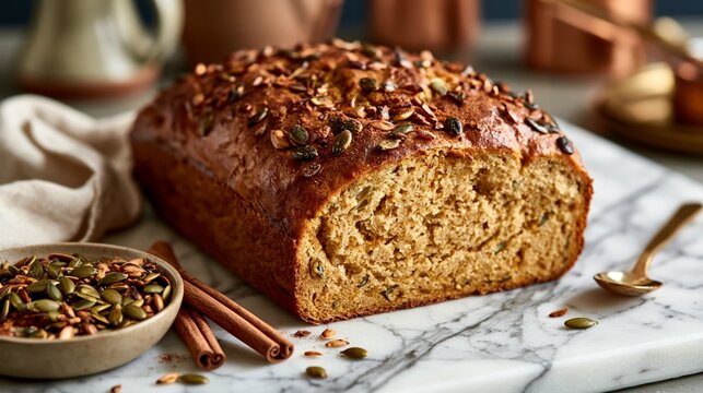 a freshly baked loaf of bread on a marble surface. The bread has a goldenbrown crust and is sprinkled with pumpkin seeds and seeds. To the left of the bread is a small bowl filled with the seeds.
