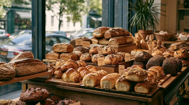 a bakery counter displays a variety of baked goods. The main subject is a selection of breads and pastries, arranged neatly on wooden trays. The breads vary in shape, size, and texture.
