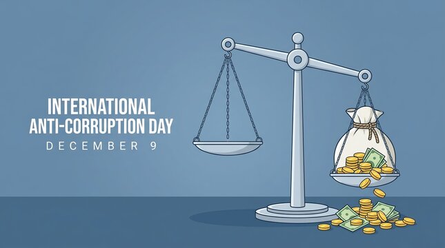 International Anti-Corruption Day conceptual illustration with scales of justice and money