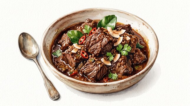 Watercolor illustration of rendang beef curry, rich dark brown spice tones, soft textured brush strokes, white background, no border, no frame, traditional Indonesian dish, warm inviting food art.