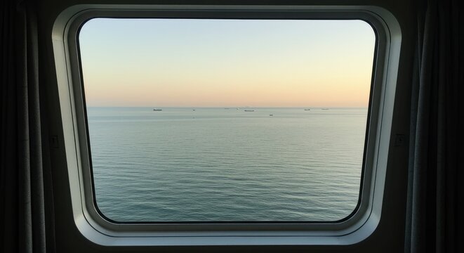 Serene ocean view from ship window during golden hour sunset voyage