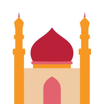 Flat illustration of a mosque with red dome and orange minarets