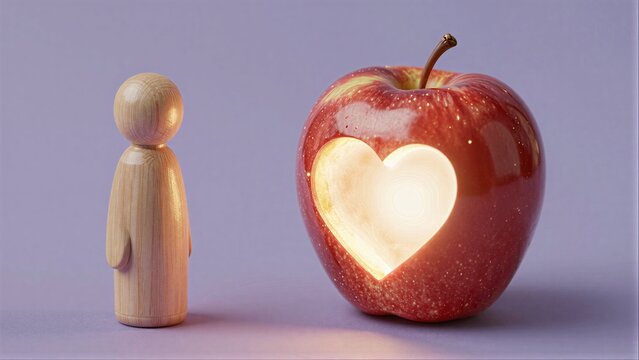 Wooden figure stands beside glowing heart-shaped apple on soft purple background.