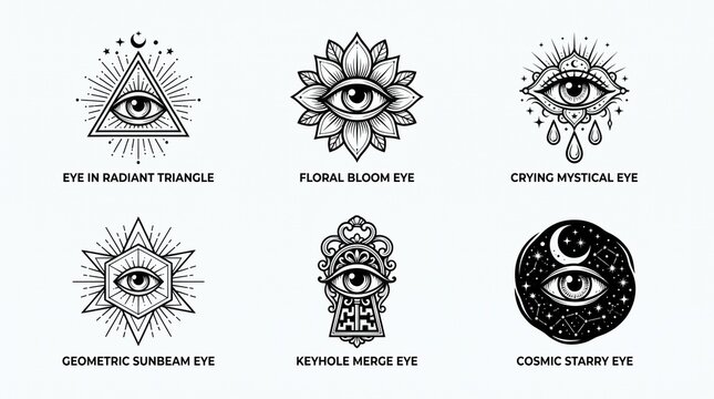 Mystical Eye Vector Set, Six Geometric Symbols, All-Seeing Eye, Crying Eye, Celestial Moon, and Flower Art, Black and White Esoteric Illustrations for Tattoos, Logos, and Tarot Decks