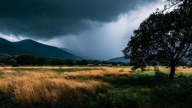 A dramatic storm cloudscape over rolling hills with golden grasses and a solitary tree in the foreground