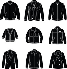 Minimalist black solid silhouette men outerwear jacket collection, isolated vector illustration fashion flat sketch elements set © Mst Rikta Khatun