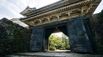 Fototapeta premium Historic Fortress Gate with Open Doors and Garden View