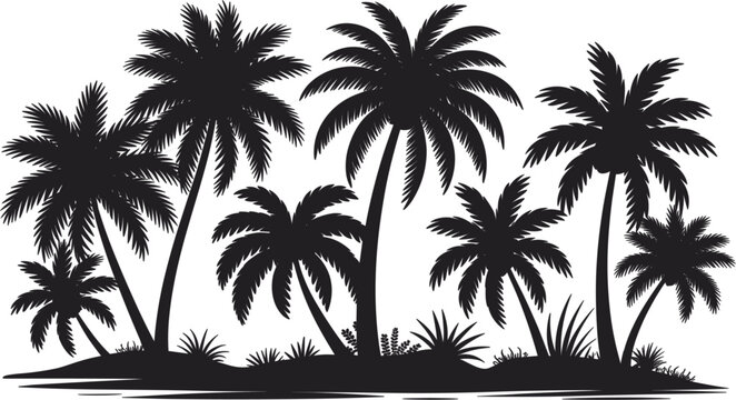 Black solid silhouette tropical palm trees island landscape, isolated exotic oasis vector illustration design elements