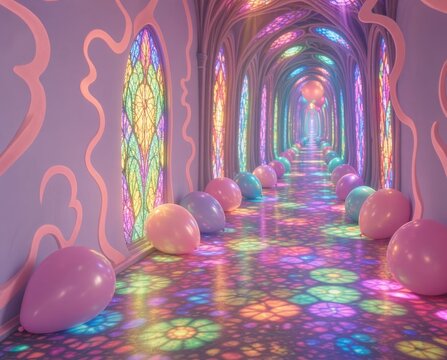 Corridoio fantastico surreale con vetrate colorate e palloncini