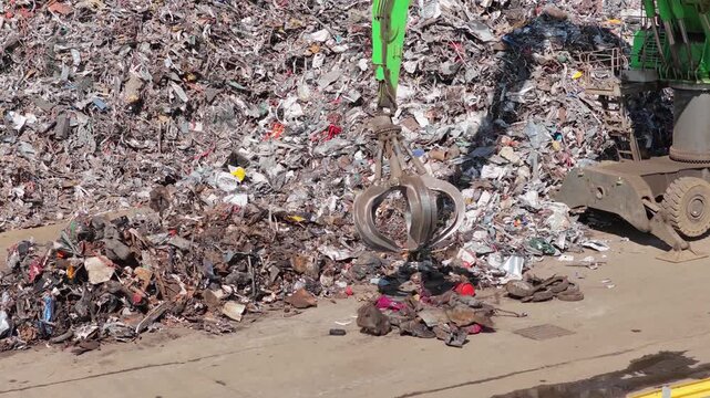 Green Excavator Sorting Scrap Metal at a Recycling Center