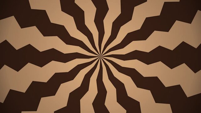 Retro brown zigzag sunburst motion background, vintage radial pattern loop, abstract hypnotic spiral animation for creative projects