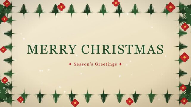 Elegant Christmas greeting animation with festive pine tree border and sparkling gold background