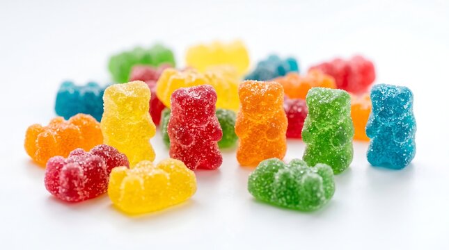 Colorful gummy bear candy pieces covered in sweet sugar crystals on a clean white background
