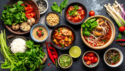 Obraz premium Flat lay of healthy Vietnamese cuisine featuring traditional bowls of soup, fresh herbs, steamed rice, and spicy condiments on a dark background